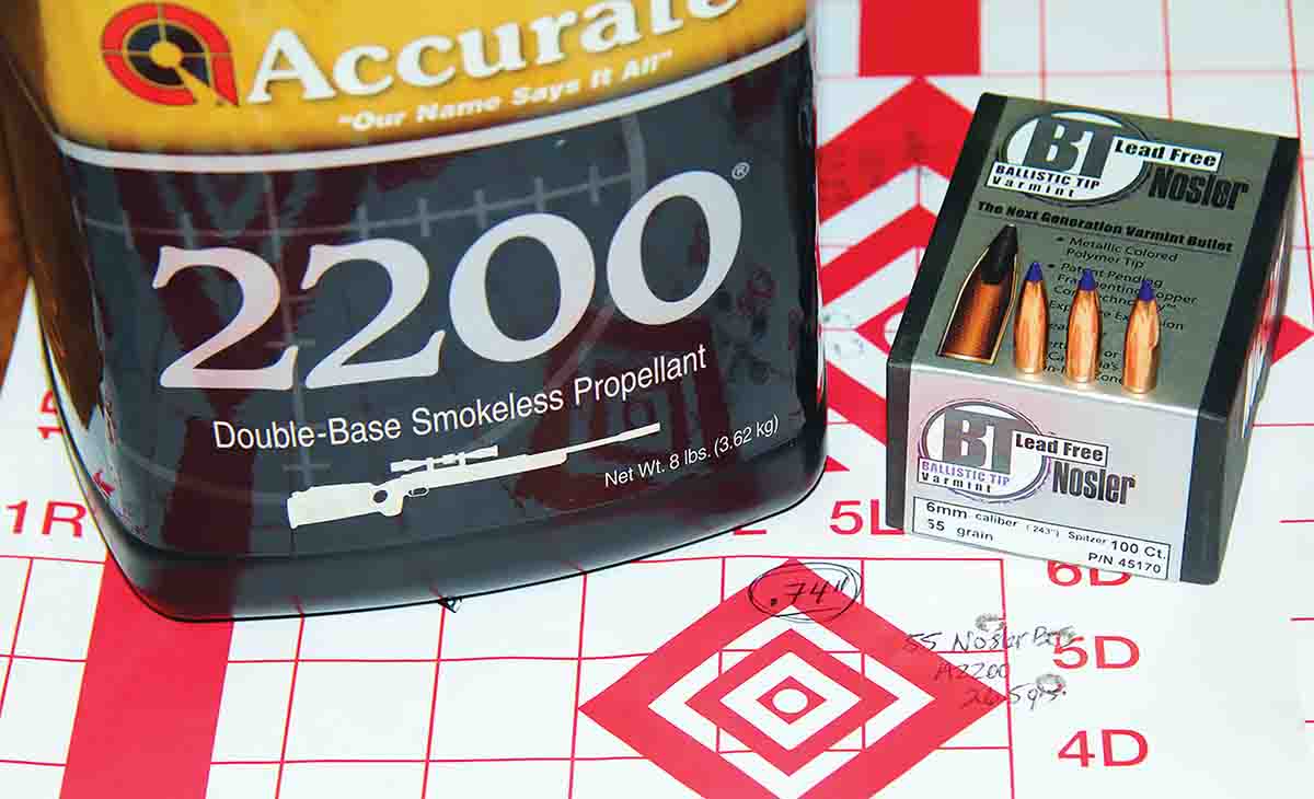 The best group assembled with Nosler’s Lead-Free Ballistic Tip Varmint measured .74 inch center-to-center, hitting 3,335 fps using 26.5 grains of Accurate 2200 powder.